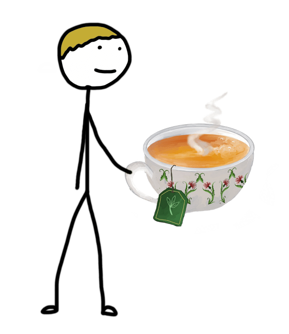 stick man drinking green tea with L-theanine for paruresis